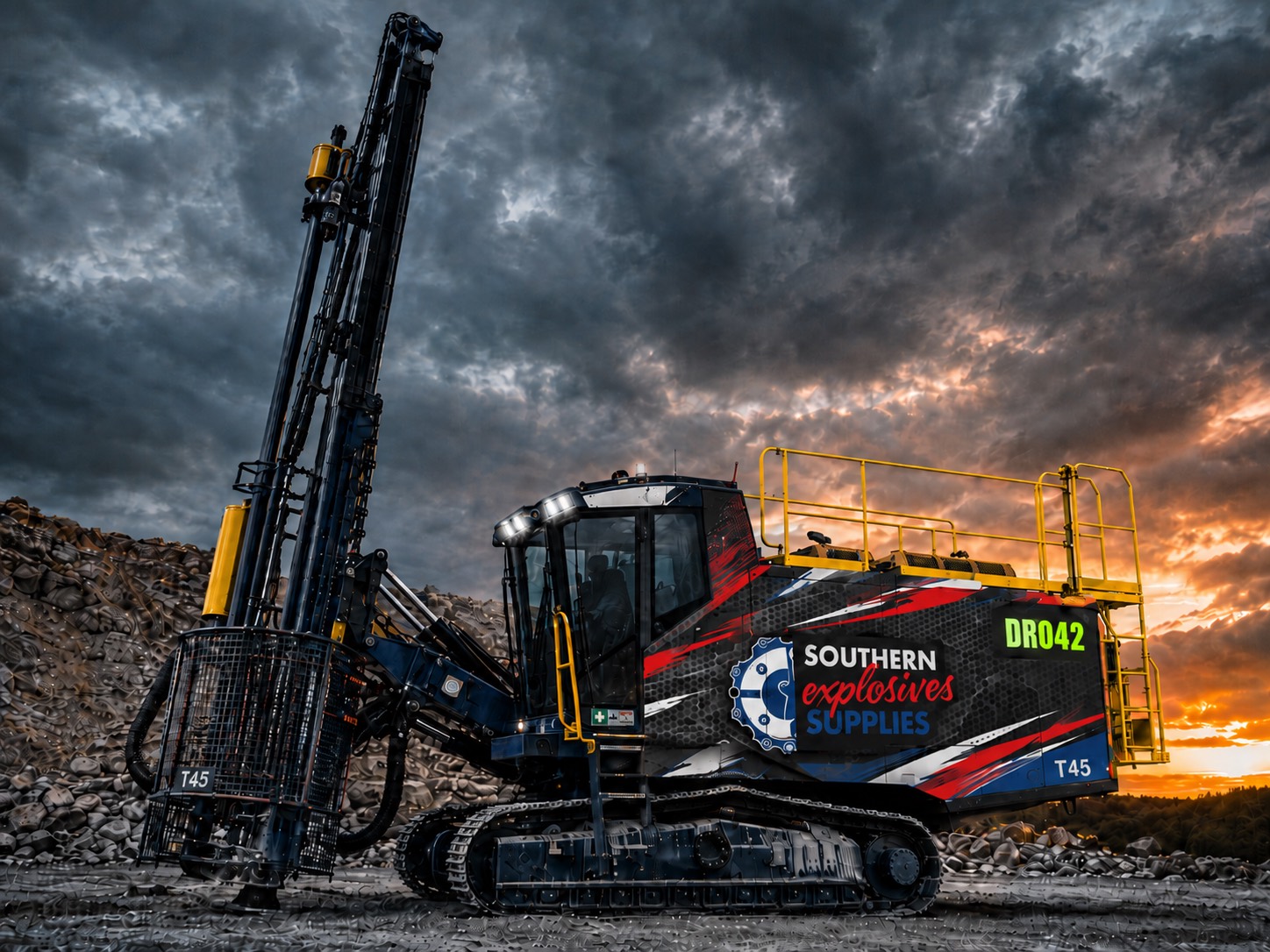 Southern Explosives drill rig under a dramatic storm sky