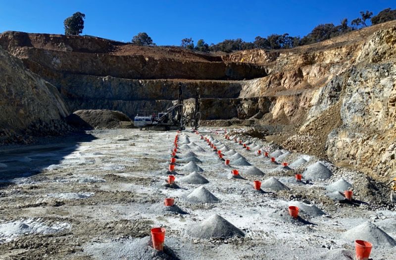 Loaded blast pattern marked out with red cones